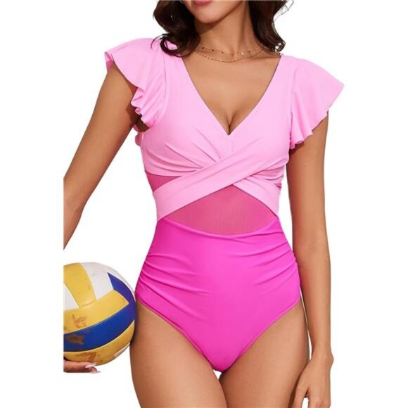 Women's One Piece Swimsuit Ruffle Bathing Suits Slimming Tummy Control V Neck - Picture 1 of 7